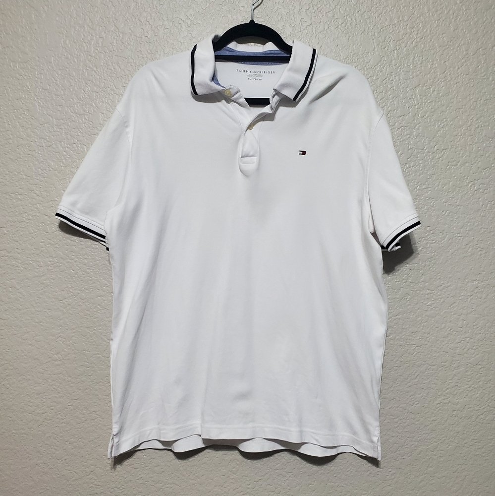 Tommy Hilfiger White Slim Fit Stripe Polo Shirt Men's Size X-Large 100% Cotton